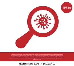 Red Microorganisms under magnifier icon isolated on white background. Bacteria and germs, cell cancer, microbe, virus, fungi.  Vector Illustration