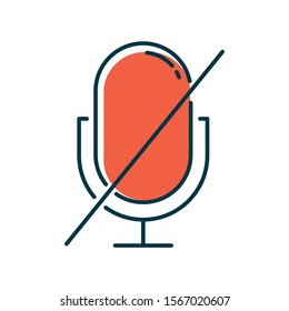 Red microphone forbidden color icon. Sound recorder error notification idea. Recording prohibited. Voice speaker installation mistake. Mic install problem Isolated vector illustration