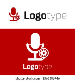 Red Microphone and gear icon isolated on white background. Adjusting app, service concept, setting options, maintenance, repair, fixing. Logo design template element. Vector Illustration