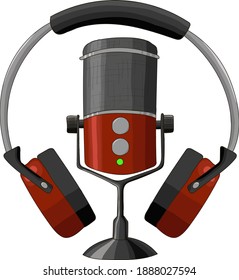 Red microphone with headphone podcast cartoon style vector illustration.