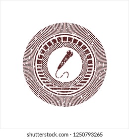Red microphone icon inside distress rubber stamp with grunge texture