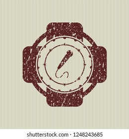 Red microphone icon inside rubber stamp with grunge texture