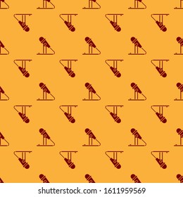 Red Microphone icon isolated seamless pattern on brown background. On air radio mic microphone. Speaker sign.  Vector Illustration