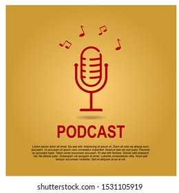 A red microphone icon with music notes on it on a gold background.  Logo, application, user interface.  Radio podcast icon.  Vector design