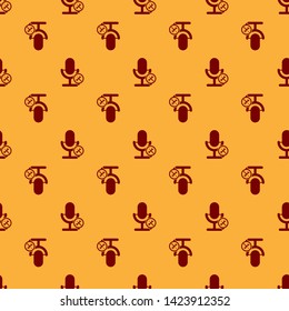 Red Microphone with screwdriver and wrench icon isolated seamless pattern on brown background. Adjusting, service, setting, maintenance, repair, fixing.  Vector Illustration