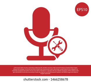 Red Microphone with screwdriver and wrench icon isolated on white background. Adjusting, service, setting, maintenance, repair, fixing.  Vector Illustration