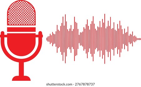 Red microphone with sound waves illustration for audio recording or podcasting Vector