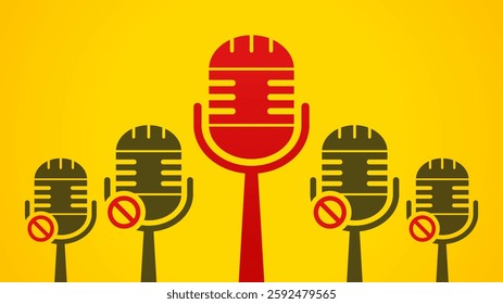 A red microphone stands among several inactive microphones. Concept illustration of leadership, one voice, one vision and mission, one goal, or a silenced voice