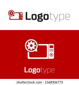 Red Microwave oven and gear icon isolated on white background. Adjusting app, service concept, setting options, maintenance, repair, fixing. Logo design template element. Vector Illustration