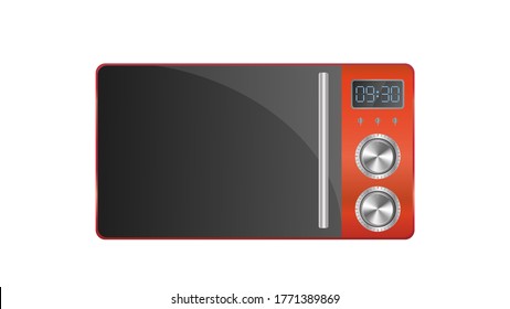 El microondas rojo con un estilo realista. Cocina microondas aislada en un fondo blanco. Vector.