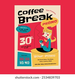 Red Mid Century Coffee Break Promo Social Media Flyer