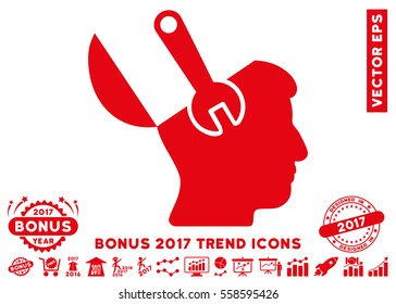 Red Mind Wrench Surgery icon with bonus 2017 trend symbols. Vector illustration style is flat iconic symbols, white background.