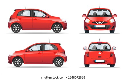 Red mini car side, front and back view, flat style. Template for web site, mobile application and Car sharing and rental advertising banner. Car isolated on a white background, vector.