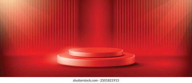 Red mini podium stage on abstract red background, vector product presentation background