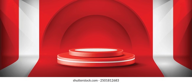Red mini stage with white stripe on abstract red and white background, vector product presentation background
