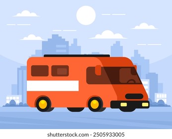 Red mini van. Minibus. Cityscape. Sunset or sunrise. Modern city skyscrapers panorama of tall buildings, urban background. Vector graphics