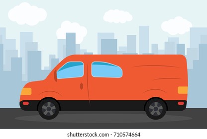 Red minibus in the background of skyscrapers in the afternoon. Vector illustration.
