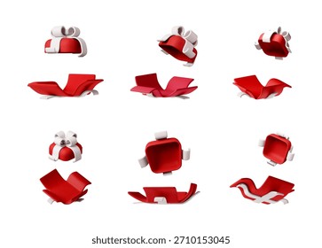 Cajas de regalo 3D rojas y minimalistas con lazo de cinta blanca. Ilustración presente para Navidades de vacaciones, cumpleaños, concepto de celebración. Ilustración vectorial