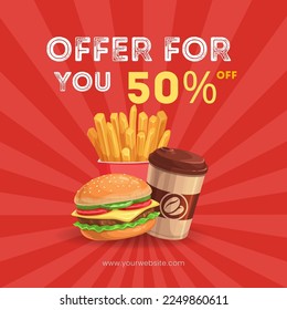 Red Minimalist Fast Food Offer 50 Off Discount Social Media Post Design