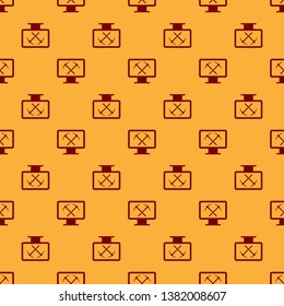 Red Mining concept with monitor and pickaxe icon isolated seamless pattern on brown background. Blockchain technology, cryptocurrency mining, digital money market. Flat design. Vector Illustration