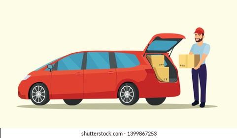 Red minivan with open trunk isolated. Man with cardboard boxes. Vector flat style illustration.