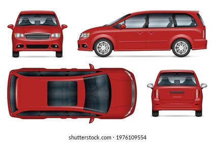 Red minivan vector mockup on white background for vehicle branding, corporate identity. View from side, front, back, top. All elements in the groups on separate layers for easy editing and recolor