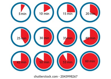 Red minutes part time set. Red timer symbol. Stopwatch emblem. Red alarm clock. Vector illustration. Stock image.