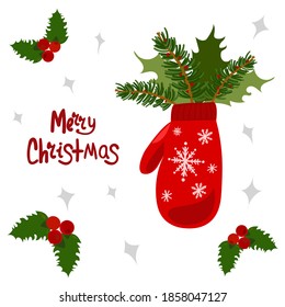 Red mitten with Christmas tree branches, snowflakes. Vector illustration. Poinsettia. Flat design, postcard illustration, cute illustration. Winter composition on a white background. Merry Christmas
