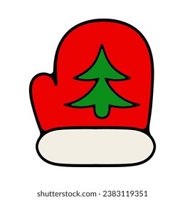 Red mitten with Christmas tree and white fur. Decoration, decorate, new year, eve, december 25, winter, holiday atmosphere, celebrate, family celebration, traditions. Colorful icon