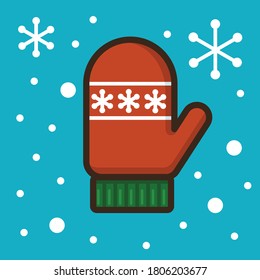 Red mitten with cute ornament. Flat vector illustration. Cute icon for sticker, card, print, web or other design. Colorful Christmas image.