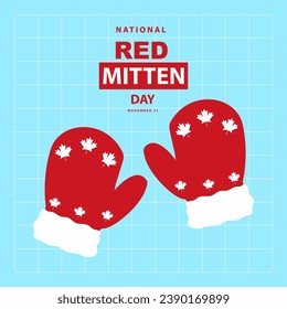 Red Mitten Day on november 21, A pair of red mittens with Canadian motifs vector illustration and text isolated on blue sky background for commemorate and celebrate Red Mitten Day located in Canada.