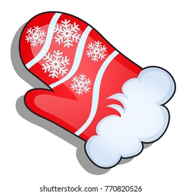 Red mitten Santa Claus with ornament of snowflakes isolated on white background. Sample of poster, party holiday invitation, festive banner, card. Vector cartoon close-up illustration.