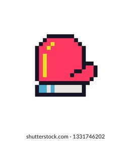 Red mitten sticker, pixel art icon design for logo, web, mobile app, badges and patches. Video game sprite. 8-bit. Isolated on white background vector illustration. 