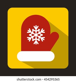 Red mitten with white snowflake icon in flat style on a yellow background