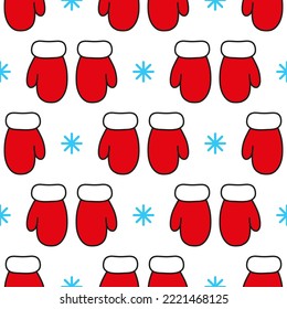 Red mittens and blue snowflakes on white background. Seamless vector pattern. Christmas background for festive designs, textile prints, wrappings, decorations, banners, cards, and invitations.