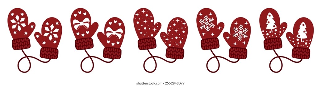 Red mittens with Christmas pattern. Warm accessory for winter. Decorative element for Christmas design. Knitted mittens with white pattern.