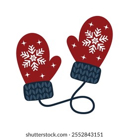 Red mittens with Christmas pattern. Warm accessory for winter. Decorative element for Christmas design. Pair of gloves