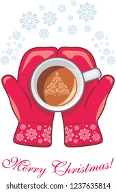 Red mittens with a coffee cup. Vector