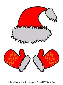 Red mittens and hat for Santa Claus on a white background