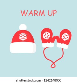 Red mittens and hat. Snowflakes on a hat and mittens. Warm up. Vector illustration. Flat design for business financial marketing banking advertising web concept cartoon illustration.