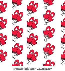 Red mittens with heart seamless pattern. Vector illustration
