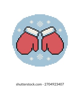 Manoplas rojas en forma de corazón, telón de fondo de círculo de copo de nieve, textura de punto estilo píxel, lindo diseño de accesorios de invierno, Vector de temporada navideña