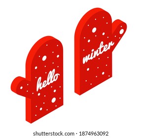 Vector isométrico rojo mitones Ilustración hola invierno