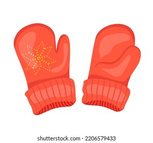 Red mittens. Knitted mittens flat style clip art. Snowflakes on mittens. Isolated on white background vector illustration