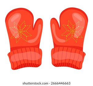 Rote Fäustlinge. Gestrickte Fäustlinge flachen Stil Clip Art. Schneeflocken auf Fäustlinge. Einzeln auf weißem Hintergrund, Vektorgrafik