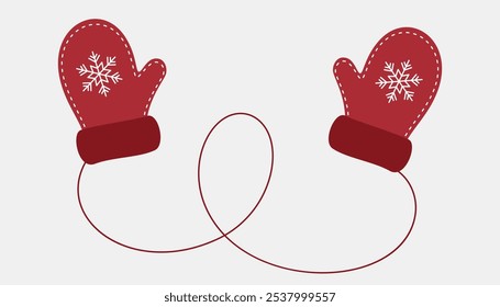 Red mittens on a rope with snowflake pattern. Warm accessory for winter. Decorative element for Christmas design. Vector illustration.