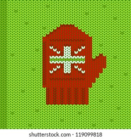 Red mittens with pattern on a green background, vector knitting