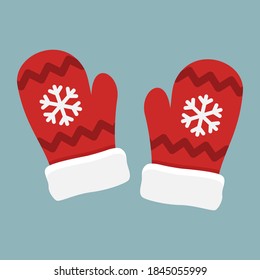 Red mittens Santa with snowflakes isolated on blue background. Winter Christmas gloves vector illustration