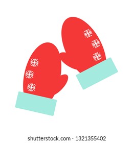 Red mittens. Snowflakes on mittens. Vector illustration. Flat