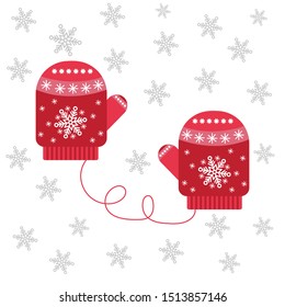 Red mittens. Snowflakes on mittens. Vector illustration